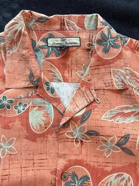 Tommy Bahama Silk Hawaiian Shirt L Coral Salmon Floral Short Sleeve